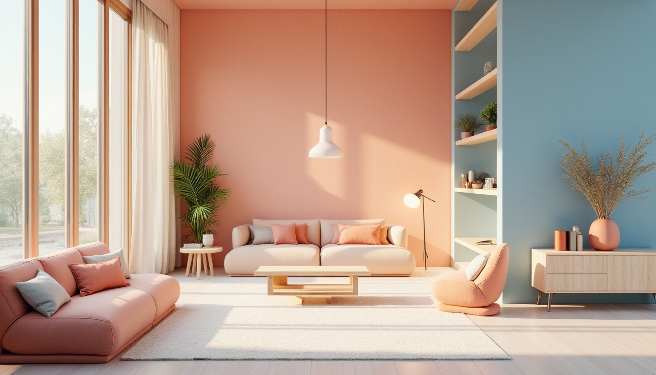 Prompt: Vibrant modern interior, pastel hues, soft peach tones, calming blue accents, natural wood textures, sleek metal frames, minimalist decor, abundant daylight, warm atmospheric lighting, shallow depth of field, 1/1 composition, realistic renderings, ambient occlusion.