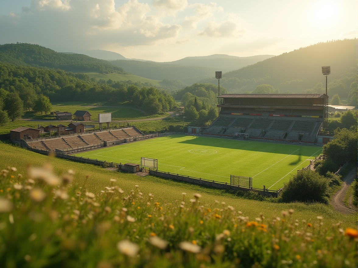 Prompt: Rural football stadium, lush green grass, rolling hills, rustic wooden fences, vintage scoreboard, metal bleachers, country road access, natural stone walls, earthen mounds, wildflower meadows, sunny afternoon, soft warm lighting, shallow depth of field, 3/4 composition, panoramic view, realistic textures, ambient occlusion, distant tree lines, rustic metal gates, gravel parking lots, nostalgic rural atmosphere.