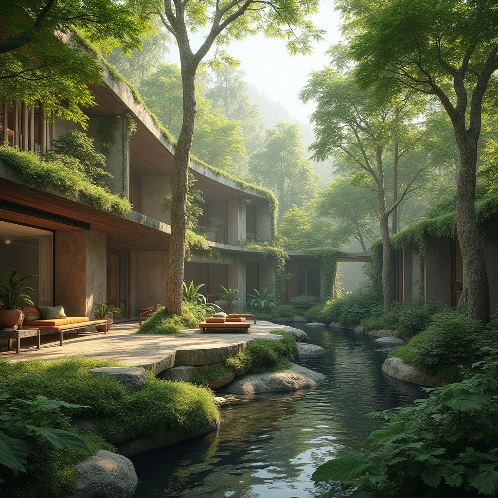 Prompt: Harmonious forest surroundings, lush green canopies, towering trees, natural stone walls, wooden accents, earthy tones, organic shapes, curved lines, sustainable design, eco-friendly materials, living roofs, green walls, water features, serene atmosphere, soft warm lighting, misty mornings, 3/4 composition, panoramic view, realistic textures, ambient occlusion.