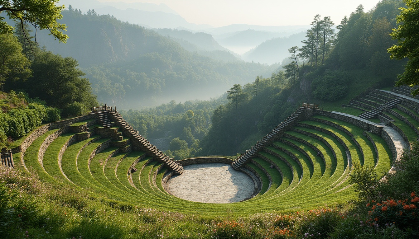 Prompt: Natural amphitheater, lush green hills, tiered seating areas, curved architecture, stone walls, wooden benches, scenic overlooks, surrounding forests, misty atmosphere, warm sunlight, soft shadows, 1/1 composition, symmetrical balance, vibrant foliage, blooming wildflowers, serene ambiance, gentle breeze, panoramic views, realistic rock textures, ambient occlusion.