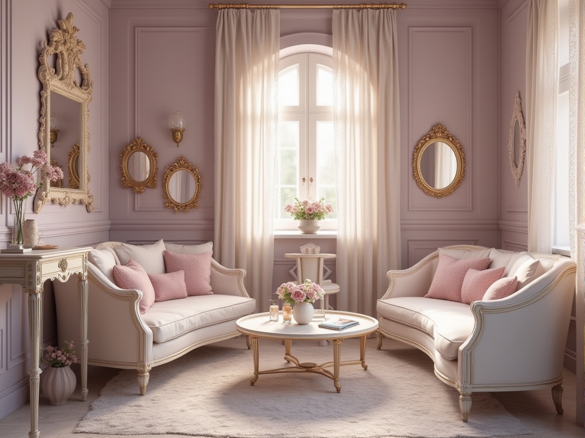 Prompt: Soft lilac hues, pastel purple shades, warm beige tones, creamy whites, rich wood accents, natural textiles, elegant furniture, ornate mirrors, refined gold details, subtle sheen, ambient lighting, shallow depth of field, 1/1 composition, intimate atmosphere, vintage charm, distressed finishes, floral patterns, whimsical illustrations, romantic ambiance.