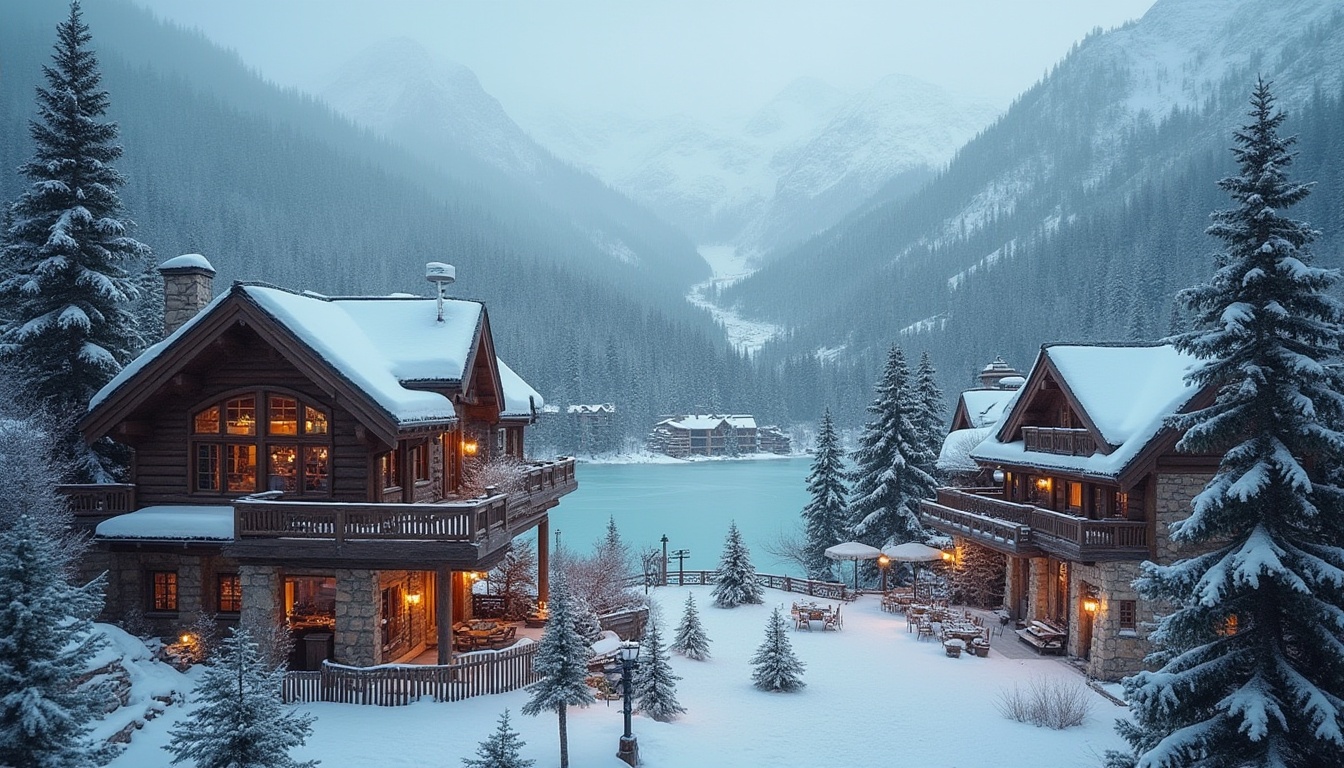 Prompt: Rustic ski resort, wooden chalets, snow-capped mountains, frozen lakes, pine tree forests, warm cozy fireplaces, stone-clad buildings, modern ski lift systems, steel cable railings, glass-enclosed observatories, wooden decking, natural stone walls, earthy color palette, ambient lighting, misty atmosphere, shallow depth of field, 1/2 composition, wide-angle lens, realistic textures, subtle snowfall effects.