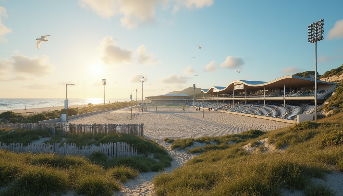 Prompt: Seaside sports complex, oceanfront stadium, lush green grass, sandy beach terrain, driftwood fences, nautical-themed signage, weathered steel structures, wave-inspired architecture, salt-resistant materials, coastal breeze, clear blue sky, dramatic sunsets, soft warm lighting, shallow depth of field, 3/4 composition, panoramic view, realistic textures, ambient occlusion, undulating dunes, beach volleyball courts, soccer fields, running tracks, ocean-view spectator stands, seagull silhouettes.