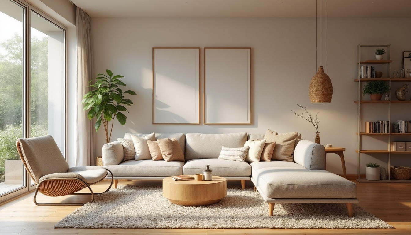 Prompt: Cozy living room, modern sectional sofa, warm wooden flooring, soft pastel colors, natural textiles, plush area rugs, stylish pendant lighting, floor-to-ceiling windows, minimalist decor, industrial-chic accents, functional storage solutions, ergonomic furniture, ambient dimmable lighting, shallow depth of field, 1/1 composition, realistic reflections, detailed normal maps.