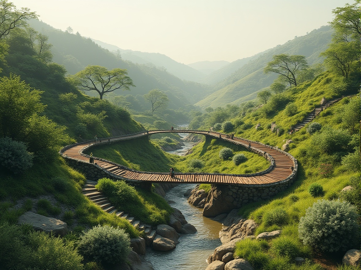 Prompt: Harmonious landscape integration, rolling hills, lush greenery, meandering pathways, natural stone walls, rustic wooden bridges, serene water features, ecological balance, sustainable design practices, native plant species, organic forms, flowing curves, minimalist architecture, earthy tones, warm natural lighting, soft focus, 1/1 composition, intimate scale, realistic textures, ambient occlusion.