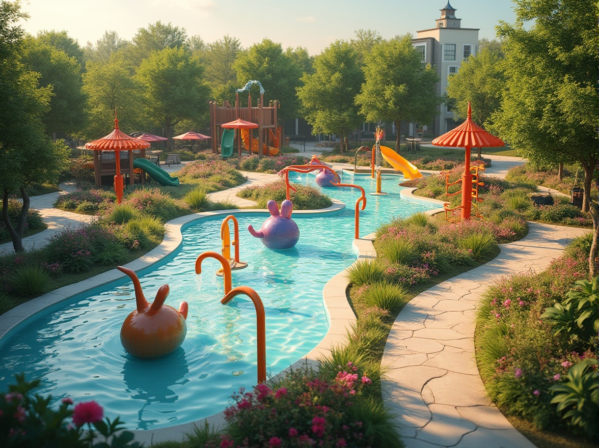 Prompt: Vibrant playground, whimsical water features, colorful splash pads, playful climbing structures, winding slides, interactive musical instruments, shaded seating areas, lush greenery, blooming flowers, meandering walkways, natural stone pathways, rustic wooden bridges, sunny day, soft warm lighting, shallow depth of field, 3/4 composition, panoramic view, realistic textures, ambient occlusion.