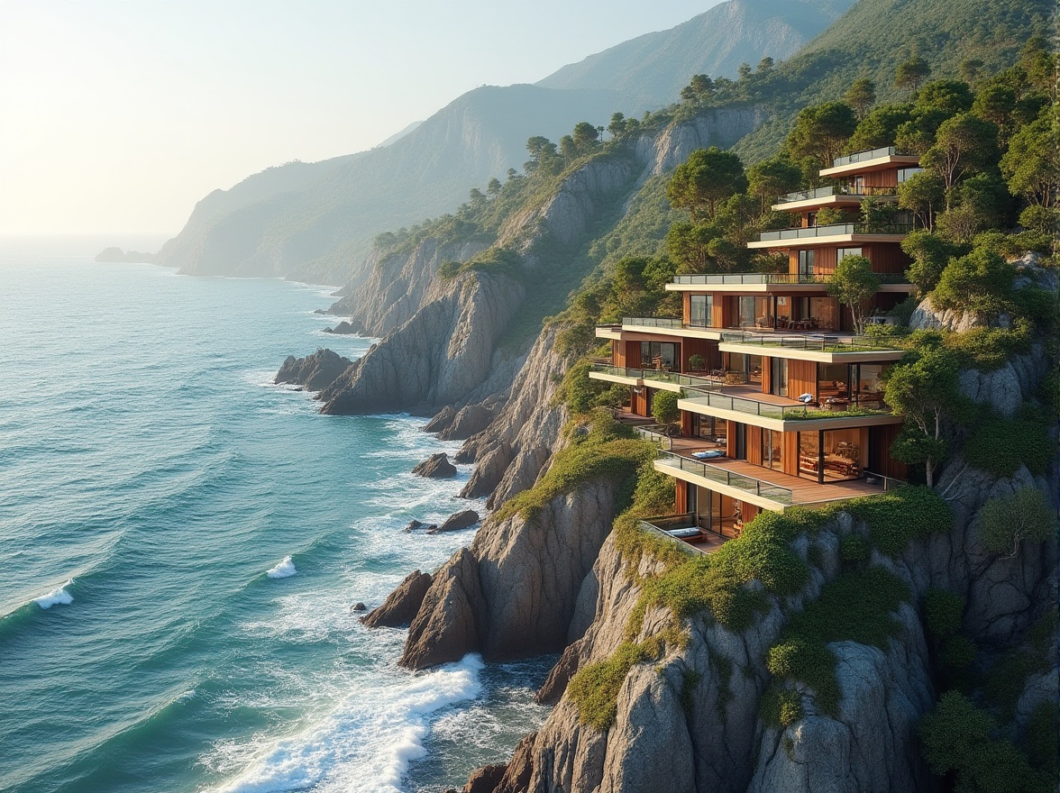 Prompt: Seaside cliffside, ocean waves crashing, salty air, rugged coastline, harmonious integration, modern architecture blending with nature, green roofs, living walls, natural stone fa\u00e7ades, wooden accents, curved lines, minimalist design, large windows, sliding glass doors, outdoor terraces, beach-inspired color palette, warm sandy tones, sea-salt aromas, gentle ocean breeze, soft diffused lighting, 1/1 composition, atmospheric perspective, realistic water effects.