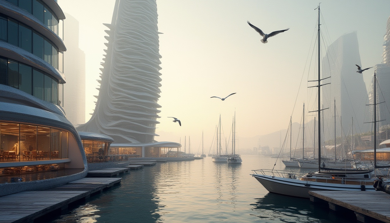 Prompt: Futuristic waterfront, sleek modern towers, curved glass fa\u00e7ades, metallic accents, cantilevered balconies, panoramic ocean views, sailboat-filled marinas, seagulls flying overhead, misty morning atmosphere, warm golden lighting, shallow depth of field, 1/2 composition, symmetrical architecture, nautical-themed decorations, weathered wood docks, rippling water reflections, ambient occlusion.