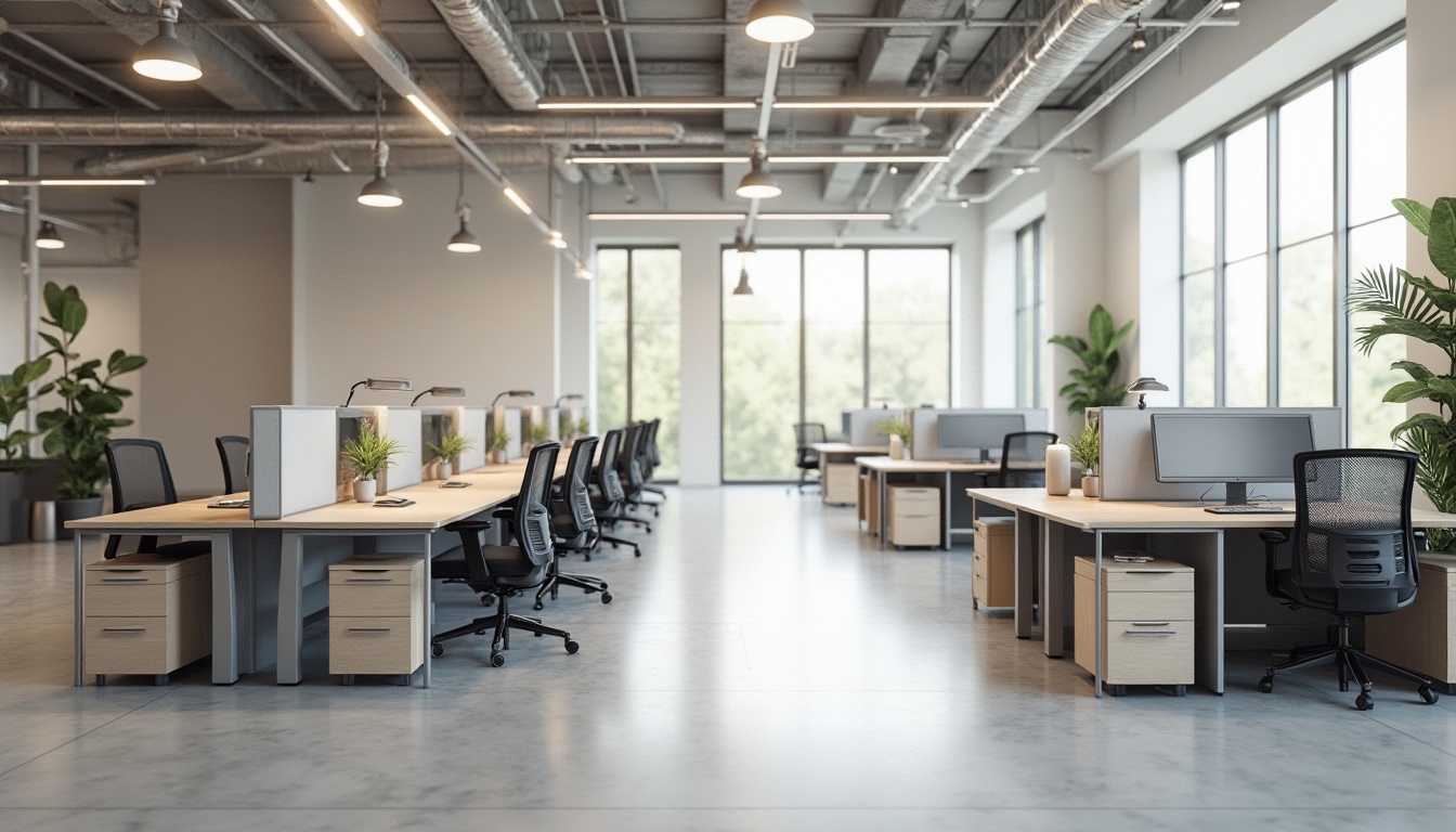 Prompt: Functional office space, ergonomic furniture, minimal decor, neutral color palette, ample natural light, open floor plan, collaborative workstations, acoustic panels, sleek metal legs, adjustable desks, comfortable seating, clever storage solutions, modern LED lighting, 1/1 composition, shallow depth of field, realistic textures, ambient occlusion.