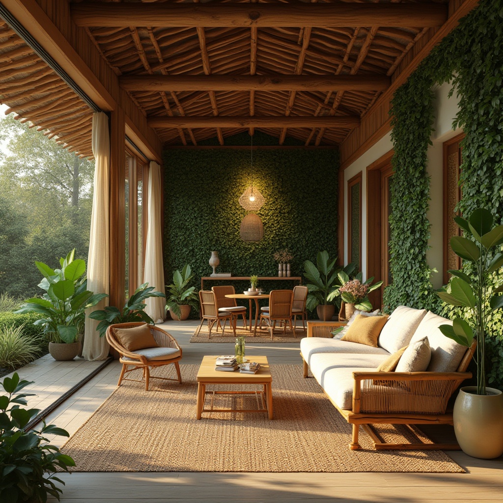 Prompt: Earth-toned natural materials, reclaimed wood accents, bamboo flooring, living green walls, organic textures, woven fibers, rattan furniture, earthy color palette, natural stone features, wooden beams, eco-friendly fabrics, botanical patterns, warm ambient lighting, shallow depth of field, 3/4 composition, panoramic view, realistic renderings, ambient occlusion.