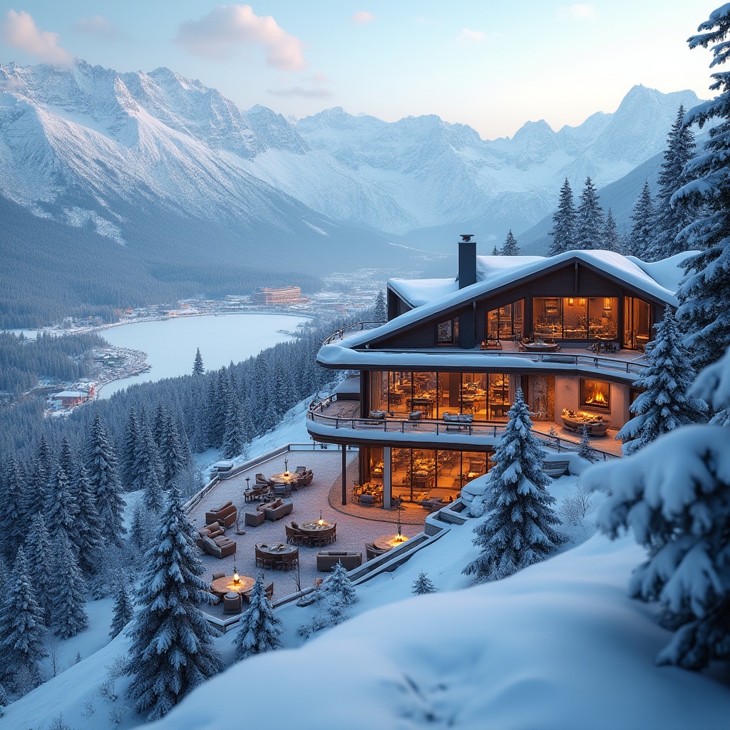 Prompt: Snow-capped mountains, winter sports facilities, modern ski center architecture, sloping roofs, wooden accents, warm cozy interiors, fireplaces, comfortable lounge areas, large windows, breathtaking views, snowy landscapes, frozen lakes, pine trees, frosty air, soft natural lighting, shallow depth of field, 3/4 composition, realistic textures, ambient occlusion.