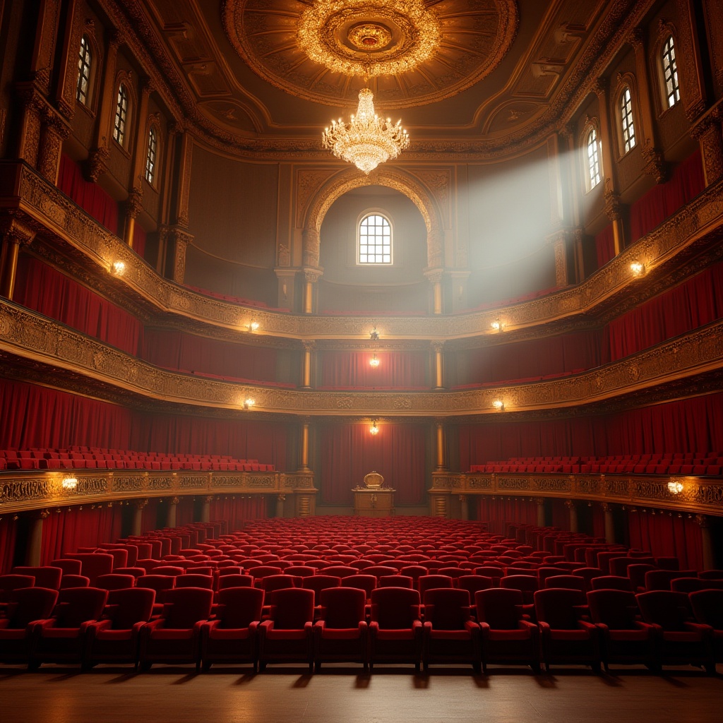 Prompt: Grand concert hall, luxurious velvet seats, ornate golden balconies, sparkling crystal chandeliers, rich wooden flooring, soft warm glow, natural light pouring in through floor-to-ceiling windows, gentle afternoon sunbeams, subtle shadows, dramatic spotlights, vibrant red curtains, intricate architectural details, 3/4 composition, realistic textures, ambient occlusion.