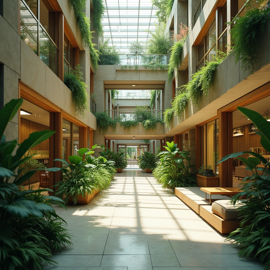 Prompt: Vibrant atrium, lush greenery, natural stone walls, wooden accents, floor-to-ceiling windows, clerestory rooflights, skylights, transparent glass doors, modern minimalist architecture, open-plan layout, reflective surfaces, soft warm lighting, shallow depth of field, 3/4 composition, panoramic view, realistic textures, ambient occlusion.