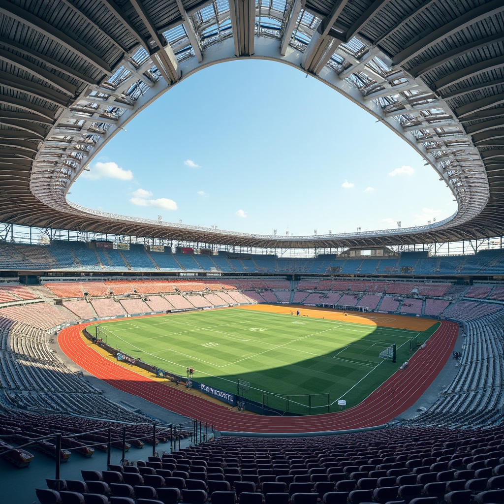 Prompt: Grandstand seating, sleek metal framework, cantilevered roofs, curved lines, dynamic shapes, vibrant color schemes, athletic track markings, soccer field goals, basketball court floors, tennis net installations, spectator areas, modernist architecture, functional lighting systems, elevated views, 3/4 composition, dramatic shadows, realistic textures, ambient occlusion.