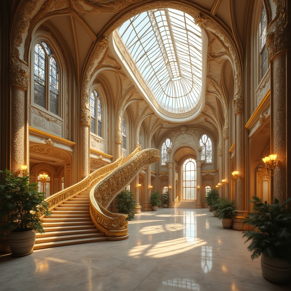 Prompt: Intricate botanical ornaments, flowing organic lines, sinuous curves, stained glass windows, ornate metalwork, grand staircases, high ceilings, large skylights, open floor plans, minimal partitions, reflective surfaces, polished marble floors, luminous crystal chandeliers, warm golden lighting, soft diffused glow, 1/1 composition, shallow depth of field, realistic textures, ambient occlusion.