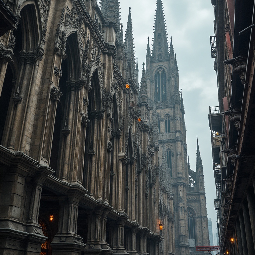 Prompt: Intricate Gothic arches, ribbed vaults, flying buttresses, grandiose spires, ornate stone carvings, steel framework, modern materials integration, sleek metal beams, riveted connections, industrial aesthetics, urban cityscape, overcast sky, dramatic lighting, high-contrast shadows, 1/1 composition, narrow depth of field, realistic reflections.