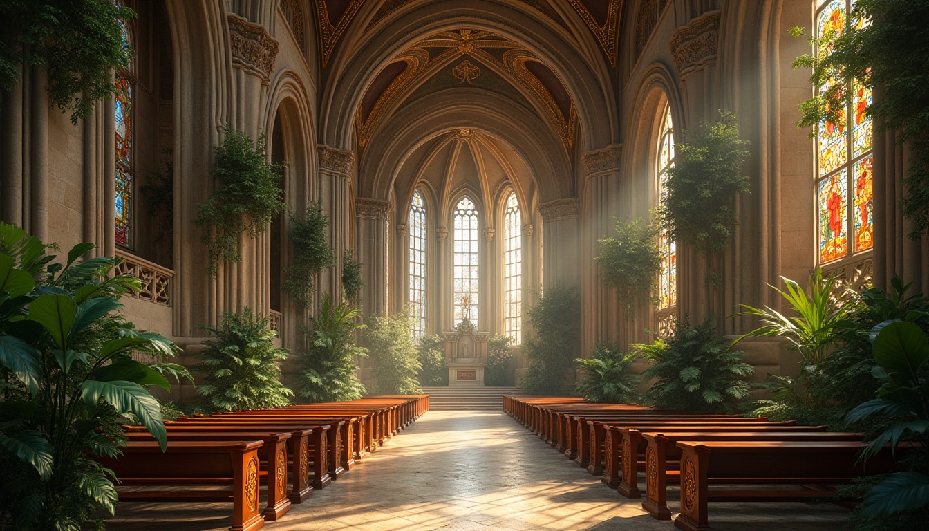 Prompt: \Renaissance church interior, lush greenery, soft warm lighting, ornate gold details, intricate stone carvings, high ceilings, grandiose architecture, elegant stained glass windows, serene ambiance, natural textures, earthy tones, moss-covered stones, vibrant frescoes, decorative columns, subtle shadows, 1/1 composition, realistic reflections, ambient occlusion.\