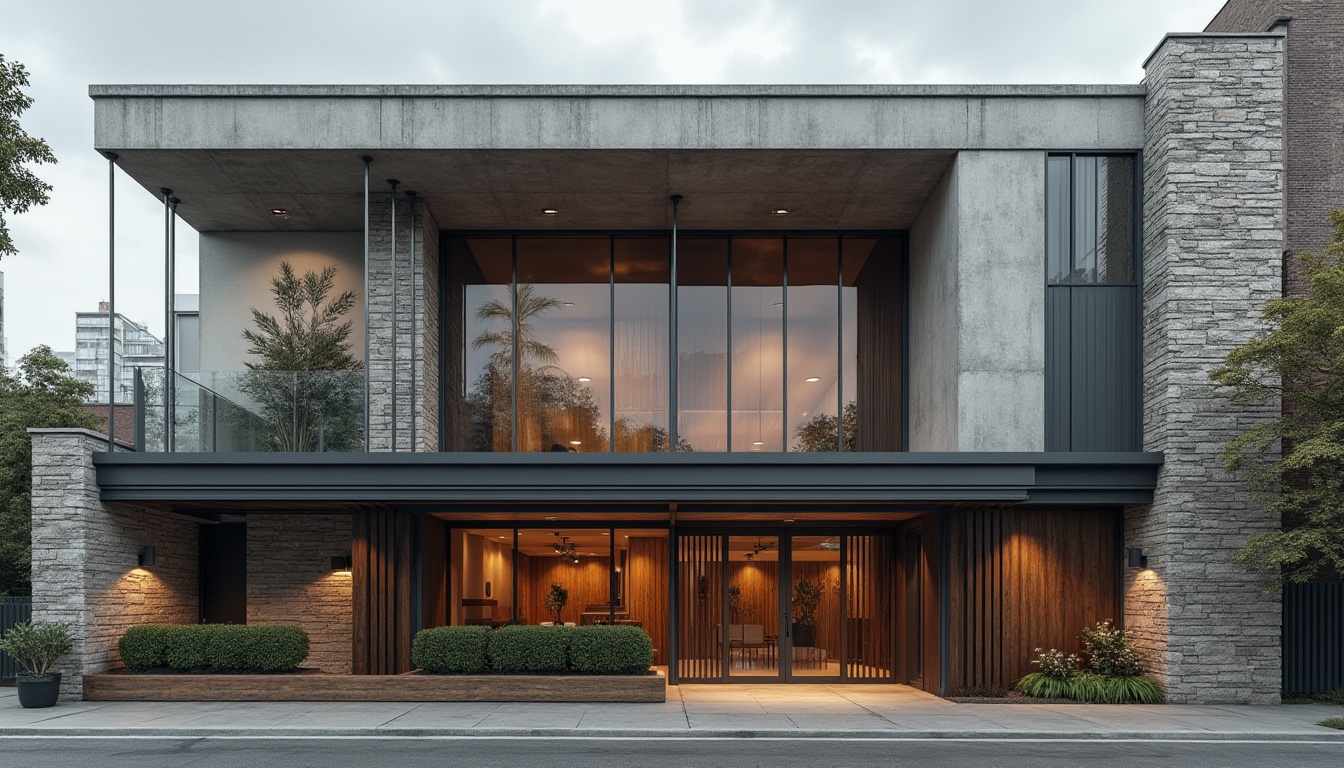 Prompt: Industrial chic building facade, exposed concrete walls, metallic accents, reclaimed wood panels, rough stone cladding, polished glass surfaces, reflective steel beams, modern minimalist aesthetic, urban cityscape, cloudy overcast sky, soft diffused lighting, shallow depth of field, 2/3 composition, cinematic view, realistic material textures, ambient occlusion.