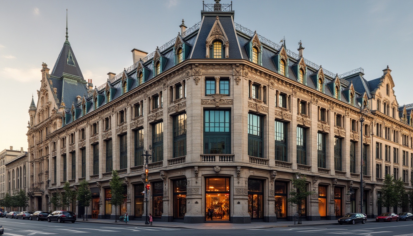 Prompt: Ornate building facade, decorative stonework, vibrant colored glazing, geometric metal panels, cantilevered rooflines, asymmetrical composition, modern architectural style, urban cityscape, morning sunlight, soft warm lighting, shallow depth of field, 1/2 composition, realistic textures, ambient occlusion.