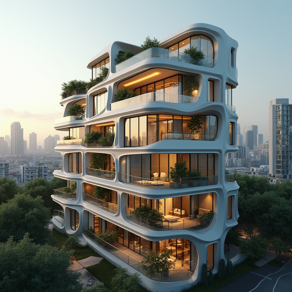 Prompt: Sleek modern housing, futuristic facade design, dynamic LED lighting, parametric architecture, undulating balconies, cantilevered roofs, minimalist railings, floor-to-ceiling windows, sliding glass doors, natural stone cladding, metallic panels, green walls, living walls, vertical gardens, urban skyscape, bustling cityscape, sunny day, high-contrast lighting, shallow depth of field, 1/2 composition, realistic textures, ambient occlusion.