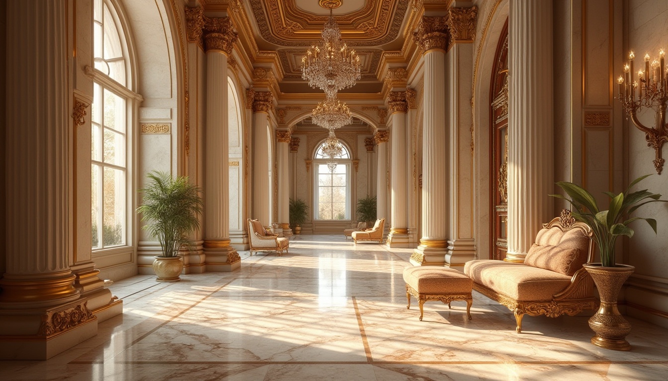 Prompt: Ornate columns, carved wooden details, rich marble floors, soft velvet fabrics, intricate golden patterns, luxurious silk textiles, warm beige stone walls, polished bronze hardware, elegant crystal chandeliers, sophisticated furniture designs, refined ornamental metalwork, majestic high ceilings, spacious grand halls, subtle natural lighting, 1/1 composition, realistic textures, ambient occlusion.