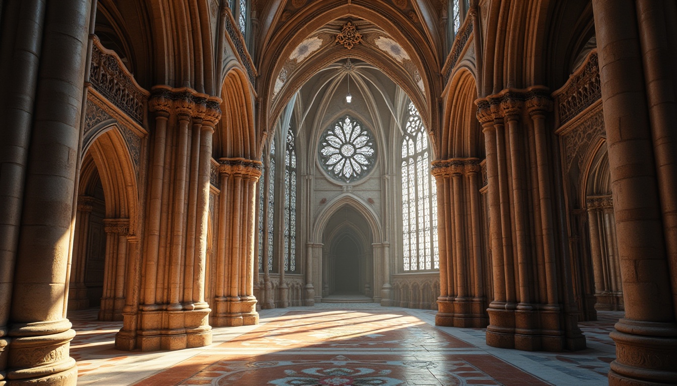 Prompt: Intricate stone carvings, ornate Gothic arches, stained glass windows, majestic cathedral ceilings, grand entranceways, symmetrical facades, elegant columns, ornamental balconies, rustic brick walls, vintage iron door handles, soft warm lighting, high contrast shadows, 3/4 composition, narrow depth of field, atmospheric perspective, realistic textures, ambient occlusion.