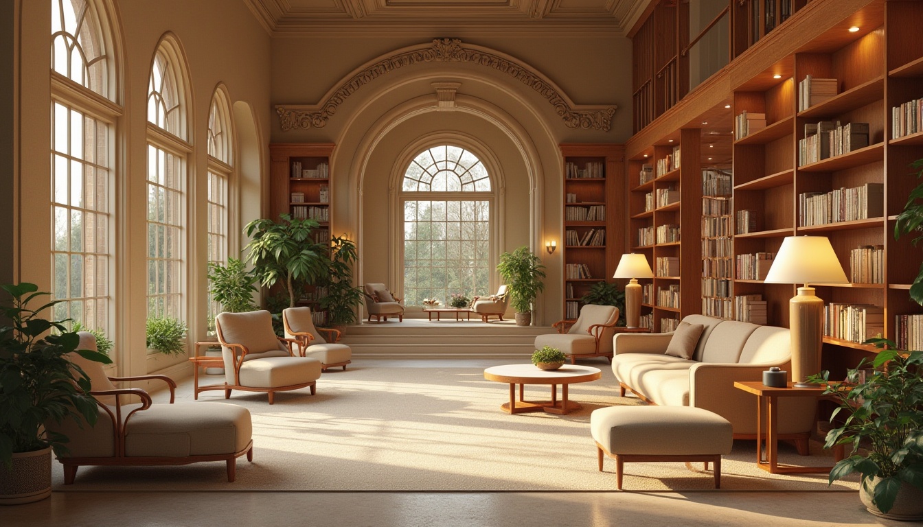 Prompt: Cozy library interior, warm beige walls, rich wood accents, comfortable seating areas, floor lamps, bookshelves, reading nooks, soft carpet flooring, calming greenery, natural light pouring in, warm neutral colors, earthy tones, classic architectural details, high ceilings, large windows, modern furniture, minimal decor, subtle textures, ambient lighting, shallow depth of field, 1/2 composition, realistic rendering.