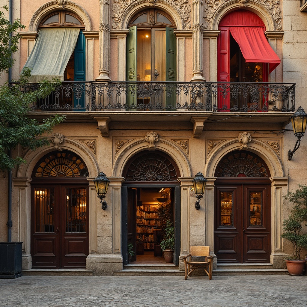 Prompt: Renaissance market facade, ornate stone carvings, grand archways, vibrant colorful shutters, elegant balconies, rustic wooden doors, medieval-inspired lanterns, intricately patterned brickwork, warm golden lighting, shallow depth of field, 1/2 composition, atmospheric perspective, realistic textures, ambient occlusion.