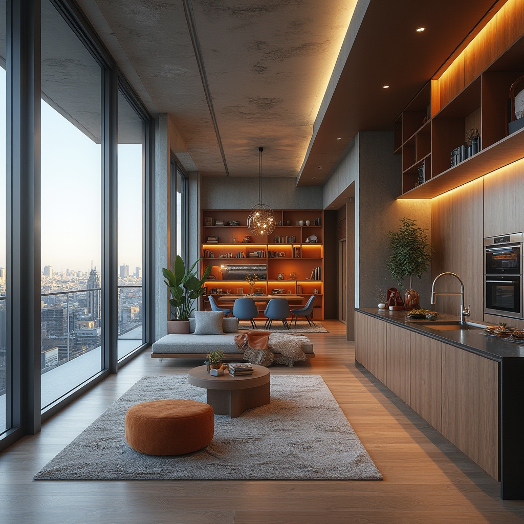 Prompt: Modern apartment interior, minimalist decor, sleek lines, open-plan living area, floor-to-ceiling windows, sliding glass doors, natural light, airy atmosphere, modular furniture, space-saving solutions, clever storage systems, hidden compartments, floating shelves, industrial-chic concrete walls, polished wood floors, textured rugs, bold color accents, 3D geometric patterns, futuristic lighting fixtures, soft warm glow, cozy reading nooks, functional kitchen islands, high-gloss countertops, stainless steel appliances, urban city views, panoramic balcony, realistic material textures, ambient occlusion.