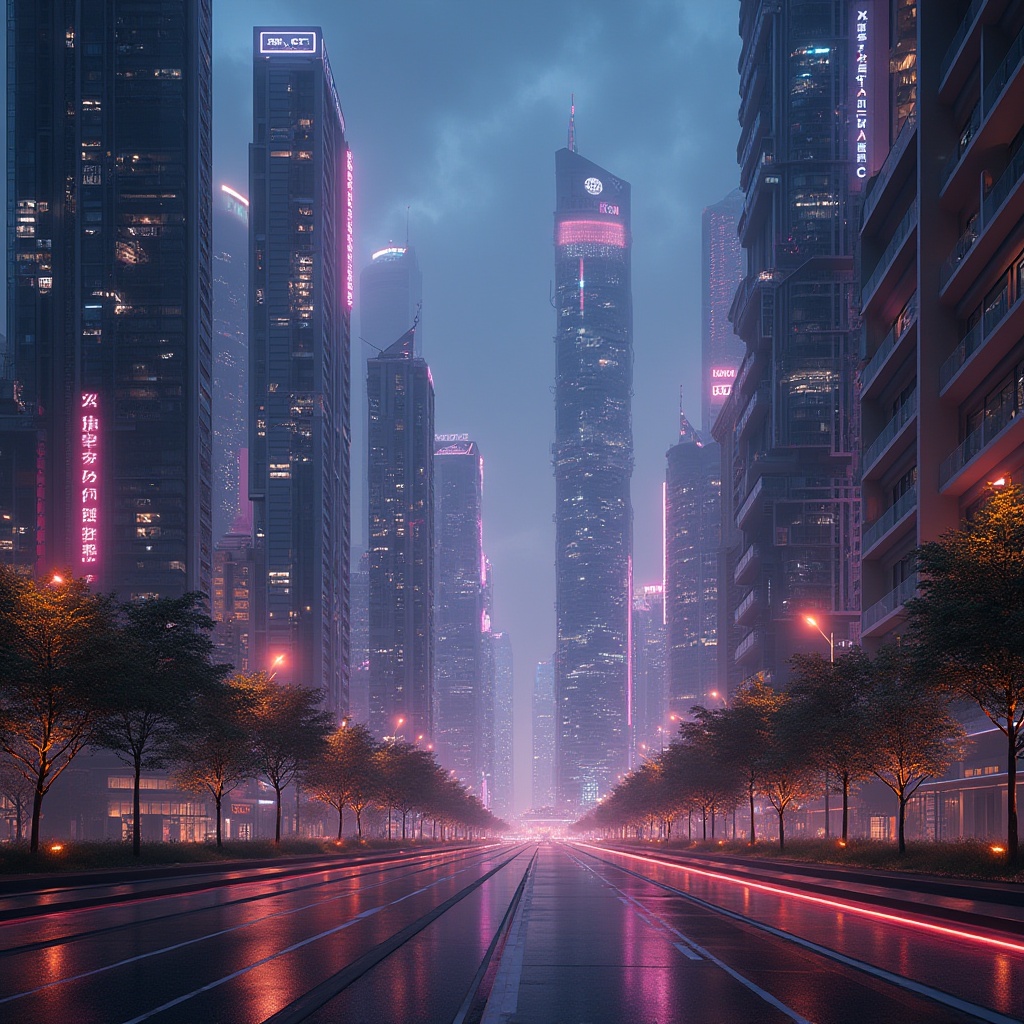 Prompt: Futuristic cityscape, neon-lit skyscrapers, dynamic LED installations, gleaming metallic facades, sleek modern architecture, vibrant color-changing lights, strobe-like effects, futuristic street lamps, ambient glow, warm soft lighting, high-contrast ratios, dramatic shadows, cinematic atmosphere, 1/1 composition, symmetrical framing, shallow depth of field, realistic textures, advanced lighting simulations.