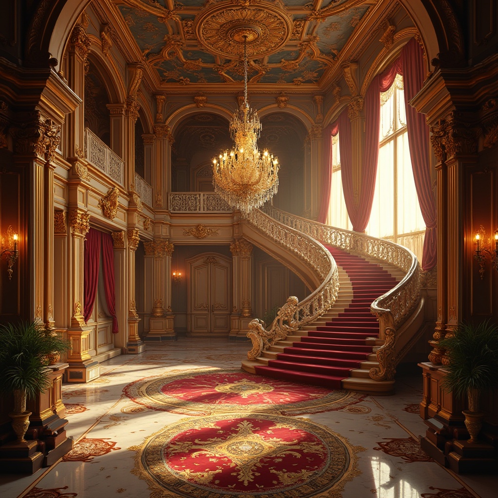 Prompt: Grandiose palace, opulent furnishings, intricately carved wooden panels, ornate golden accents, lavish chandeliers, plush velvet drapes, majestic staircases, regal thrones, richly patterned rugs, intricate mosaics, baroque architecture, sweeping archways, grand ballrooms, dramatic lighting, warm golden tones, highly detailed textures, 1/1 composition, shallow depth of field, realistic reflections.