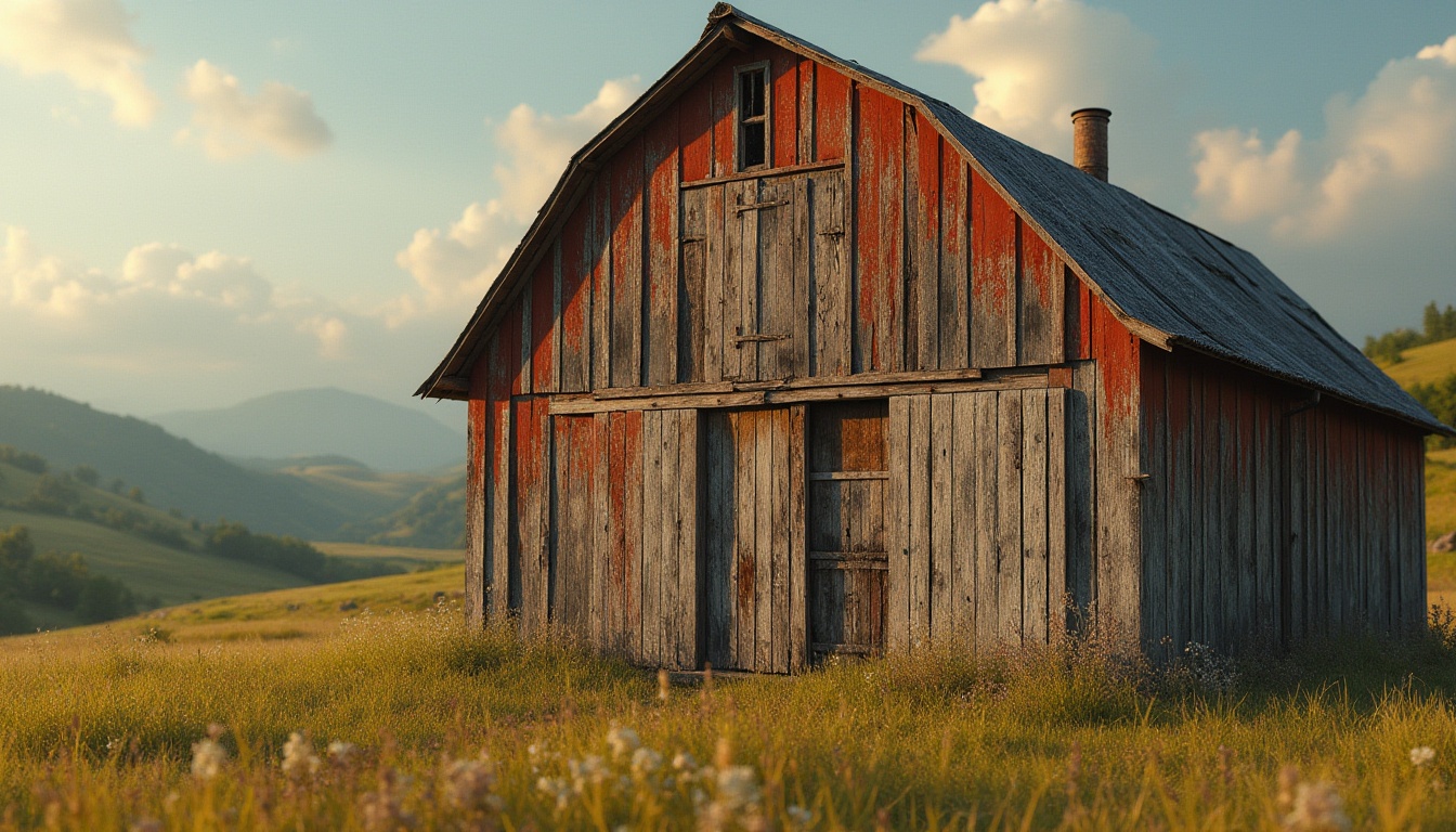 Prompt: Rustic barn, weathered wood, earthy tones, muted browns, faded reds, soft yellows, creamy whites, distressed textures, vintage metal accents, rural landscape, rolling hills, green pastures, sunny afternoon, warm soft lighting, shallow depth of field, 2/3 composition, intimate close-ups, realistic worn details.