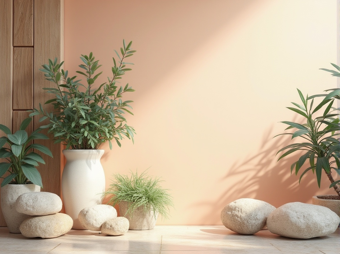 Prompt: Soft peach tones, creamy whites, warm beige hues, rich wood accents, natural stone textures, earthy terracotta shades, calming blue undertones, gentle greenery, botanical patterns, watercolor-inspired gradients, subtle metallic sheens, ambient lighting, shallow depth of field, 2/3 composition, realistic rendering, atmospheric perspective.