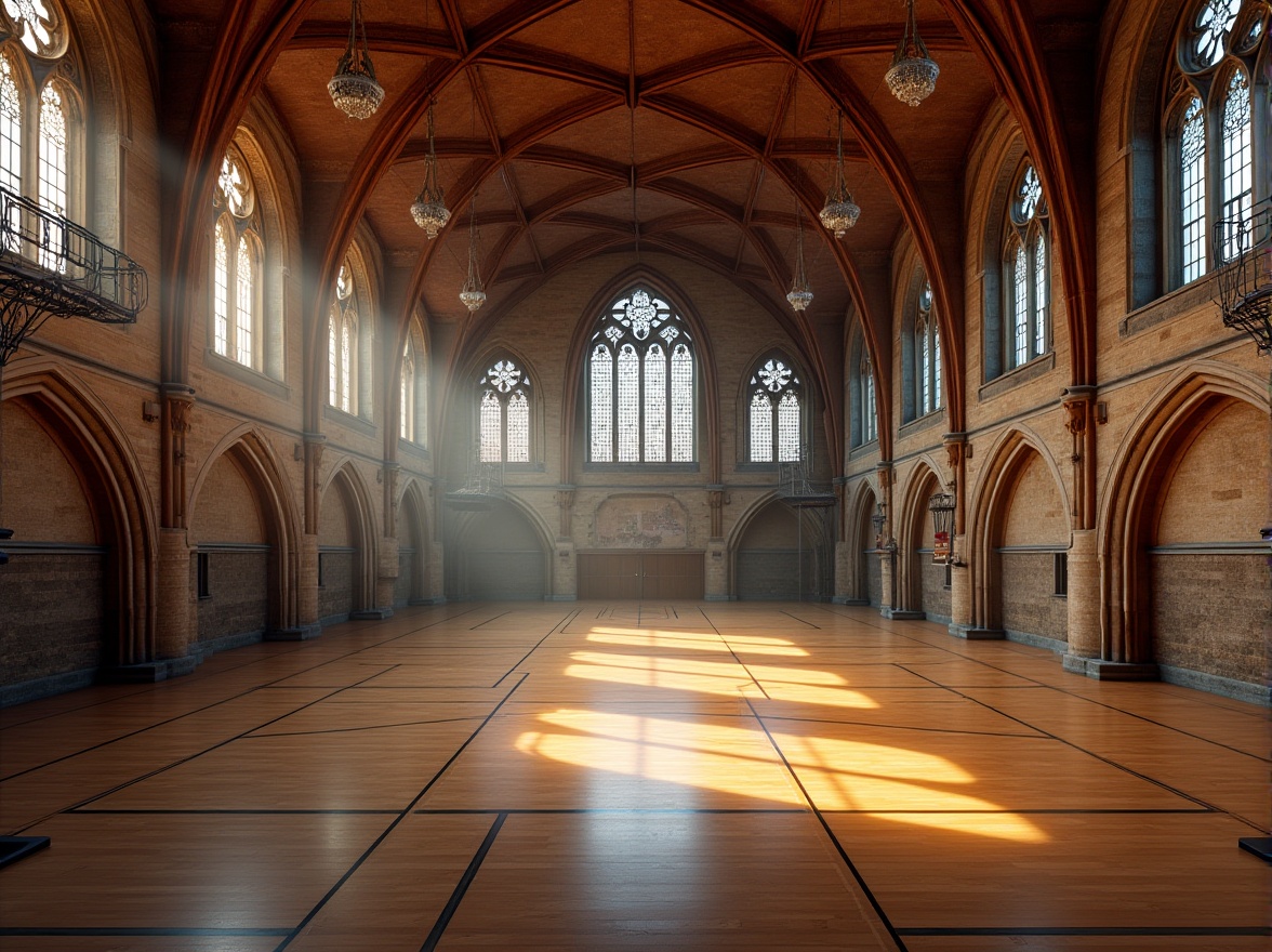 Prompt: Grand gymnasium, vaulted ceilings, Gothic arches, ribbed vaults, pointed windows, stained glass, ornate chandeliers, polished wood floors, athletic equipment, basketball hoops, sports banners, natural stone walls, medieval-inspired architecture, dramatic lighting, high contrast shadows, 1/2 composition, symmetrical framing, warm color palette, realistic textures, ambient occlusion.