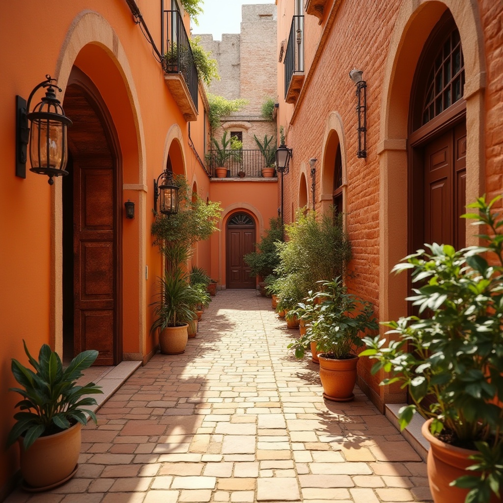 Prompt: Warm persimmon hues, earthy terracotta tones, rustic brick buildings, curved archways, ornate wooden doors, distressed stonework, vibrant orange accents, soft warm lighting, cozy intimate spaces, Mediterranean-inspired architecture, decorative ceramic tiles, lush greenery, potted plants, natural textiles, woven fibers, organic shapes, inviting entranceways, sunny afternoon ambiance, shallow depth of field, 1/1 composition.