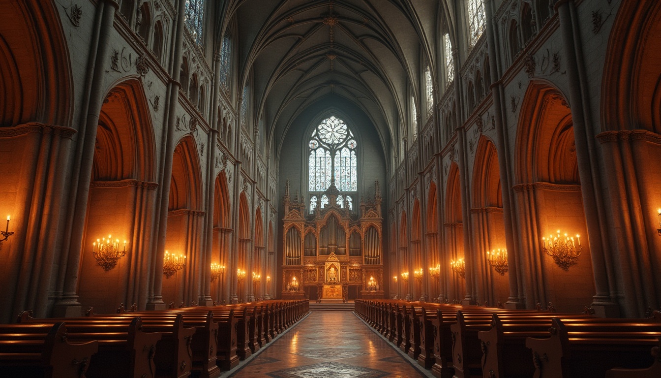 Prompt: Grand cathedral, ribbed vaulted ceilings, pointed arches, flying buttresses, stained glass windows, ornate stone carvings, intricate gargoyles, majestic pipe organs, candlelit ambiance, warm golden lighting, soft mysterious shadows, dramatic verticality, 3/4 composition, low-angle shot, cinematic atmosphere, rich textures, subtle ambient occlusion.