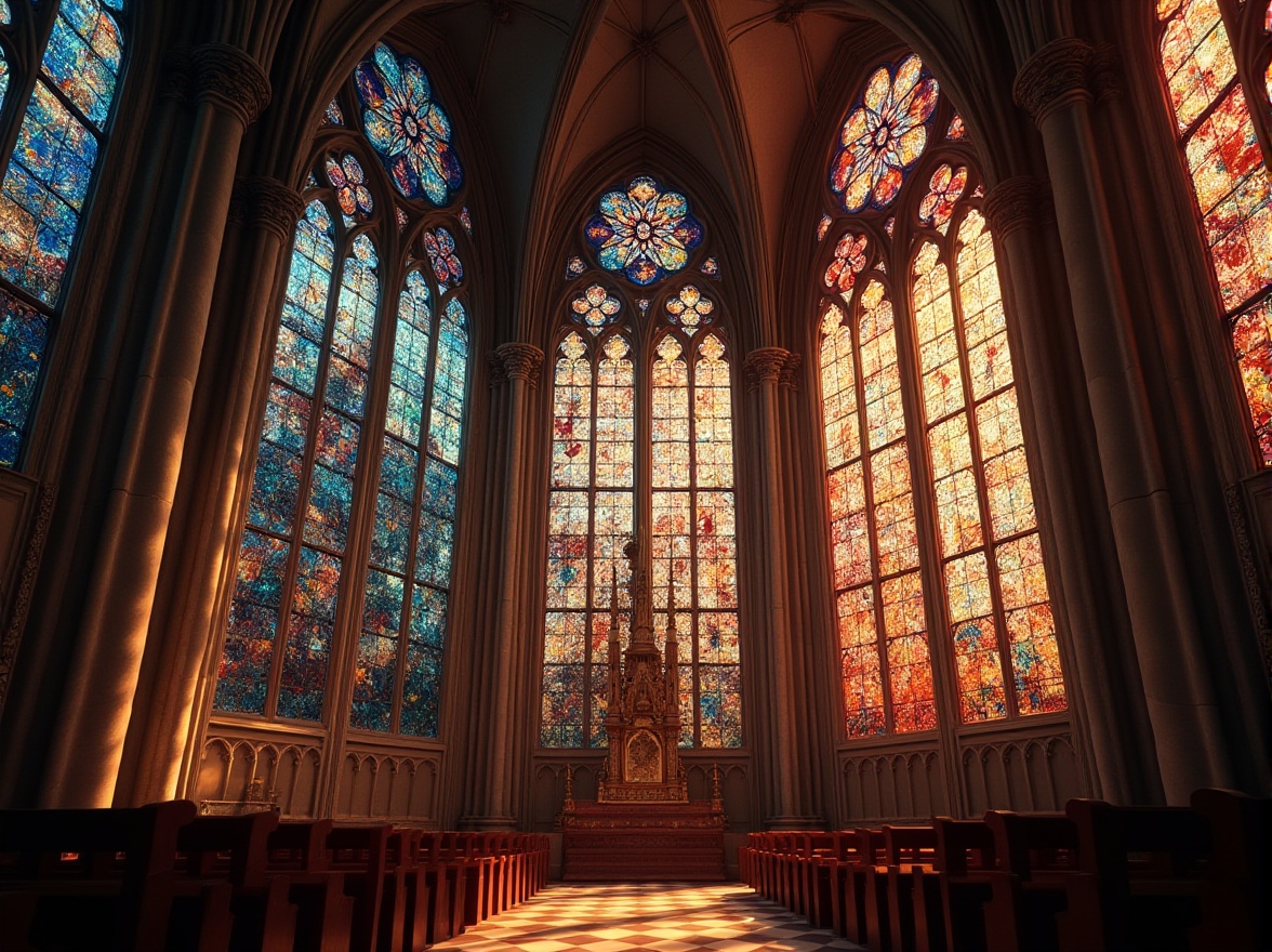 Prompt: Intricate stained glass windows, vibrant colors, ornate patterns, Gothic arches, ribbed vaults, flying buttresses, grand cathedrals, majestic altarpieces, luminous light filters, kaleidoscopic reflections, mystical ambience, rich textures, elaborate facades, towering spires, dramatic verticality, warm golden lighting, soft diffused illumination, 1/1 composition, symmetrical framing, high-contrast rendering, realistic glass materials, subtle ambient occlusion.