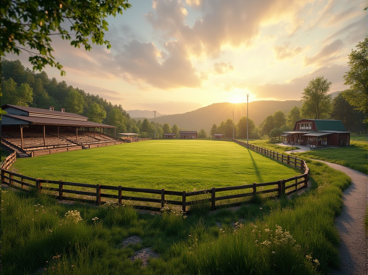 Prompt: Rural football stadium, lush green grass, natural rolling hills, wooden bleachers, rustic metal fencing, country road approach, vintage scoreboard, nostalgic lighting, warm sunset ambiance, shallow depth of field, 2/3 composition, panoramic view, realistic textures, ambient occlusion, rural landscape, wildflower fields, mature trees, winding pathways, gravel parking lots, farmhouse-inspired concession stands, wooden picnic tables, rustic signage, cozy atmosphere.