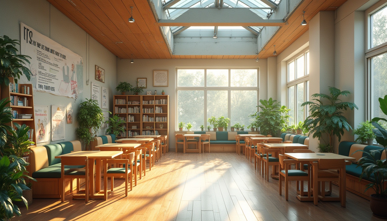 Prompt: Bright educational setting, large windows, abundant natural light, minimal artificial lighting, cozy reading nooks, comfortable seating areas, wooden floors, earthy color palette, lush greenery, vibrant plants, inspirational quotes, educational posters, modern minimalist furniture, open shelving, collaborative workspaces, flexible learning environments, soft warm glow, high ceilings, clerestory windows, skylights, sunny day, shallow depth of field, 3/4 composition, panoramic view, realistic textures, ambient occlusion.