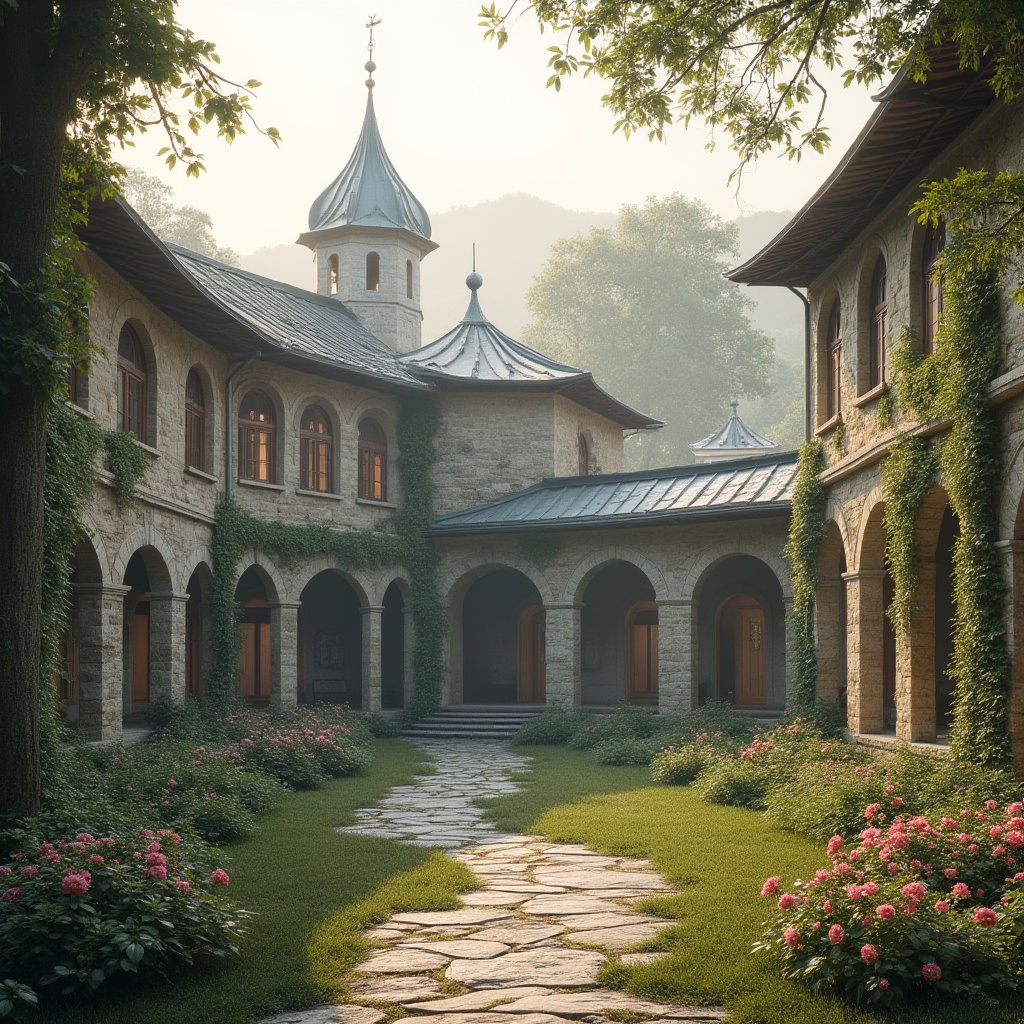 Prompt: Tranquil monastery courtyard, rustic stone walls, curved arches, ornate bell towers, vibrant greenery, blooming flowers, misty morning, soft warm lighting, shallow depth of field, 3/4 composition, panoramic view, realistic textures, ambient occlusion, innovative roof structures, undulating curves, dynamic shapes, metallic cladding, solar panels, green roofs, eco-friendly materials, minimalist design, natural ventilation systems, clerestory windows, vaulted ceilings, gothic arches.