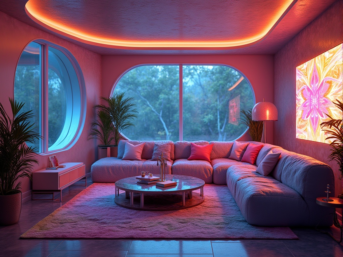 Prompt: Futuristic living room, metallic accents, neon-lit ambiance, sleek low-profile furniture, vibrant holographic patterns, iridescent fabrics, shimmering silk textiles, abstract geometric shapes, 3D-printed decor, holographic projections, soft warm glow, shallow depth of field, 1/2 composition, realistic reflective surfaces, ambient occlusion.