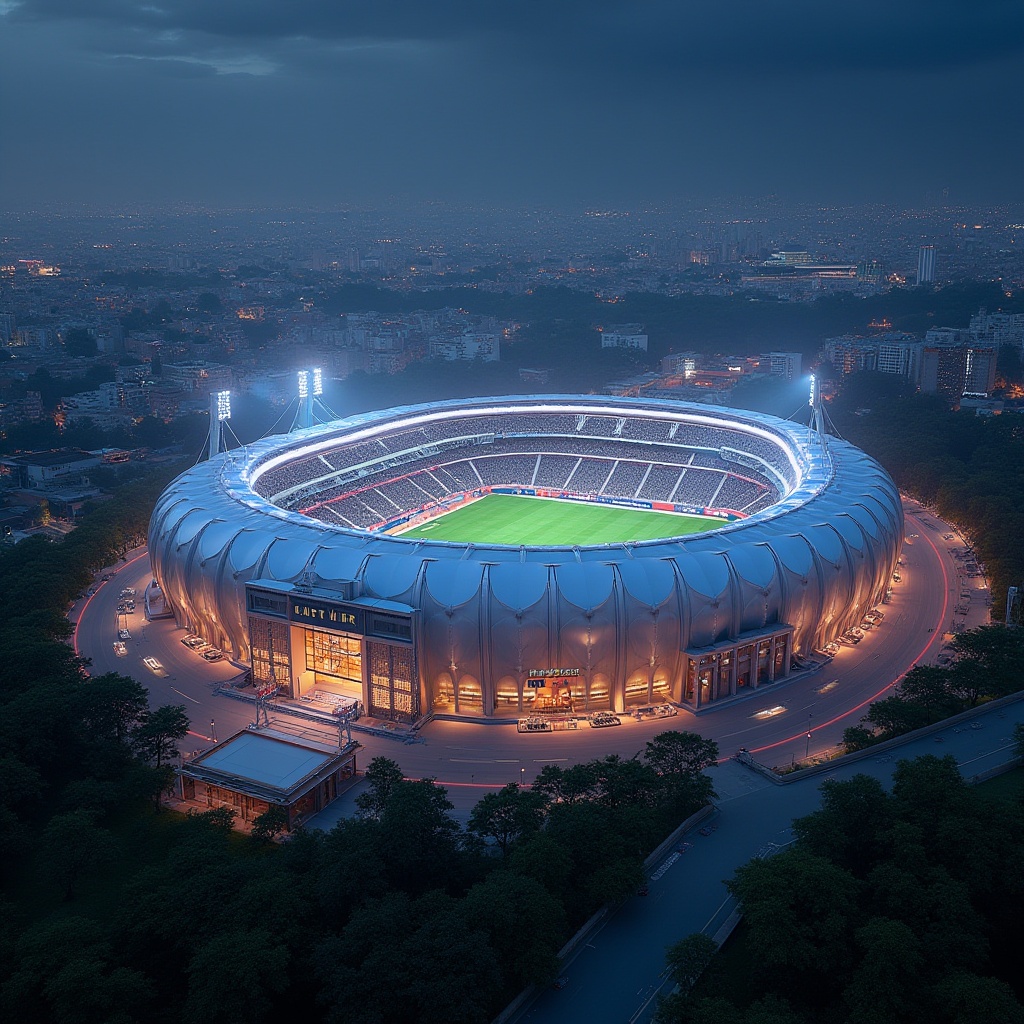 Prompt: Vibrant football stadium, futuristic facade design, dynamic curves, sleek metallic materials, angular lines, modern architecture, towering heights, grand entrance gates, electronic scoreboards, floodlighting systems, lush greenery, surrounding landscape, urban cityscape, dramatic nighttime lighting, shallow depth of field, 1/2 composition, realistic reflections, ambient occlusion.