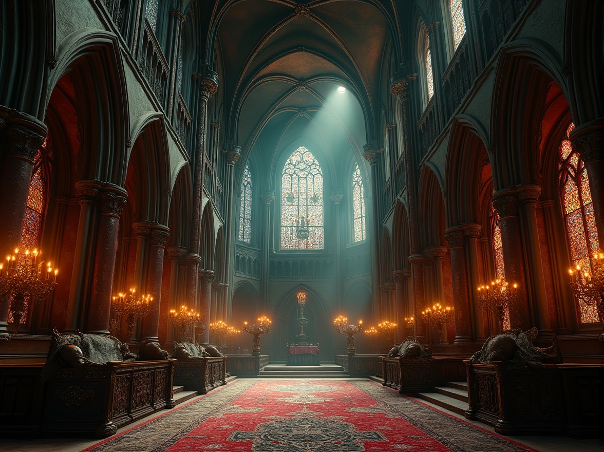 Prompt: Richly ornate Gothic cathedral, mystical atmosphere, vaulted ceilings, ribbed arches, stained glass windows, intricate stone carvings, mysterious shadows, warm golden lighting, deep crimson hues, midnight blues, eerie greens, weathered copper accents, distressed wood textures, lavish velvet fabrics, subtle fog effects, dramatic chiaroscuro, symmetrical composition, mystical symbolism, ancient mystical artifacts.