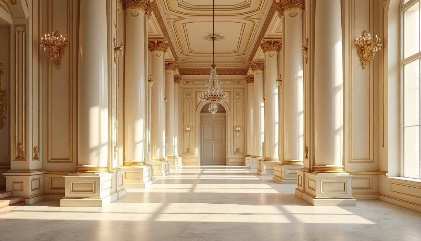 Prompt: Elegant classical building, cream-colored marble columns, ornate golden details, rich wood paneling, luxurious velvet drapes, intricate plaster moldings, soft warm beige walls, polished bronze hardware, crystal chandeliers, refined stone flooring, subtle texture contrasts, natural light pouring through tall windows, 1/1 composition, dramatic shadows, realistic material reflections.