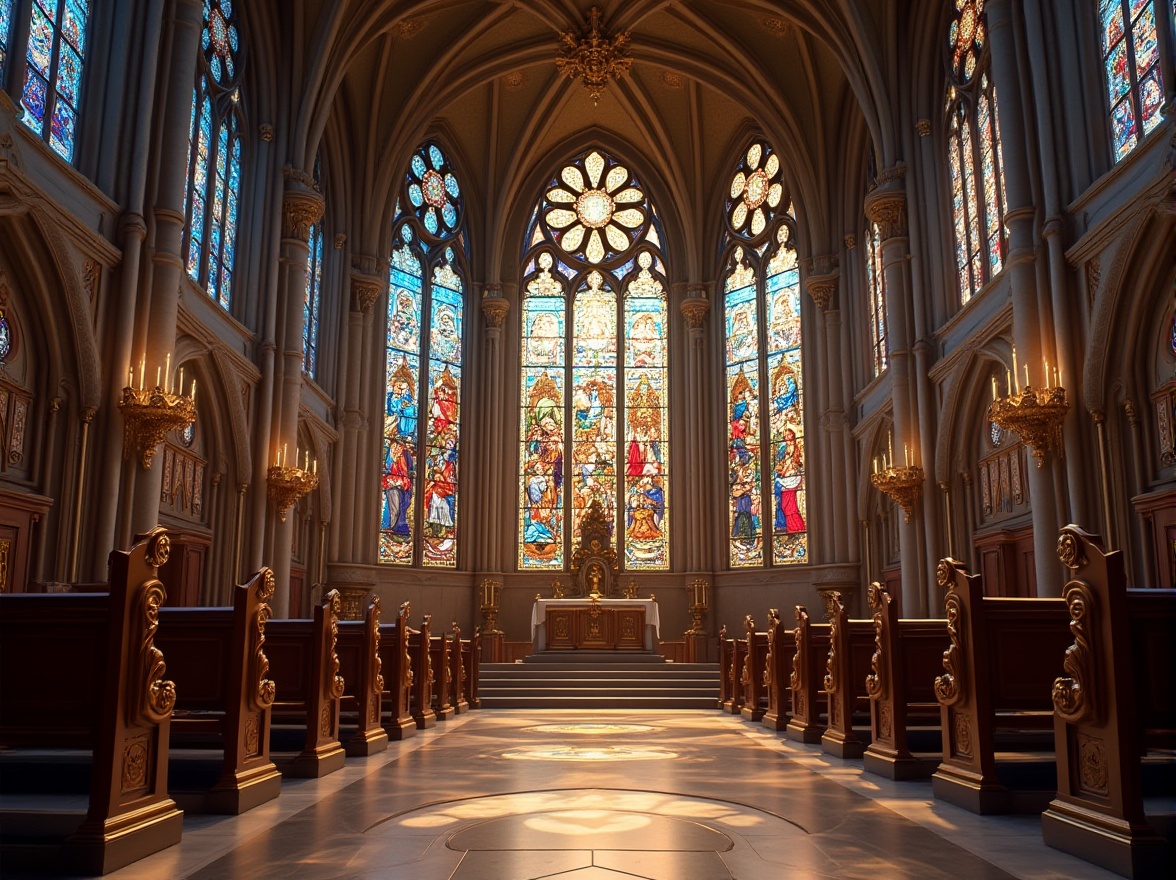 Prompt: Vibrant stained glass windows, intricately designed Biblical scenes, kaleidoscope colors, refracted light, ornate Gothic arches, grand cathedral interiors, majestic vaulted ceilings, polished marble floors, gilded altarpieces, intricate stone carvings, solemn atmosphere, soft warm illumination, shallow depth of field, 1/1 composition, realistic textures, ambient occlusion.