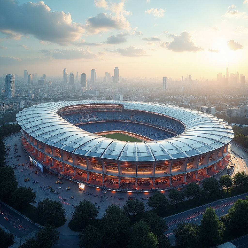 Prompt: Futuristic stadium architecture, curved rooflines, dynamic steel structures, translucent membrane materials, vibrant LED lighting systems, retractable roofing, open-air seating areas, urban skyline views, bustling city atmosphere, afternoon sunbeams, shallow depth of field, 1/1 composition, low-angle photography, realistic shadows, ambient occlusion.