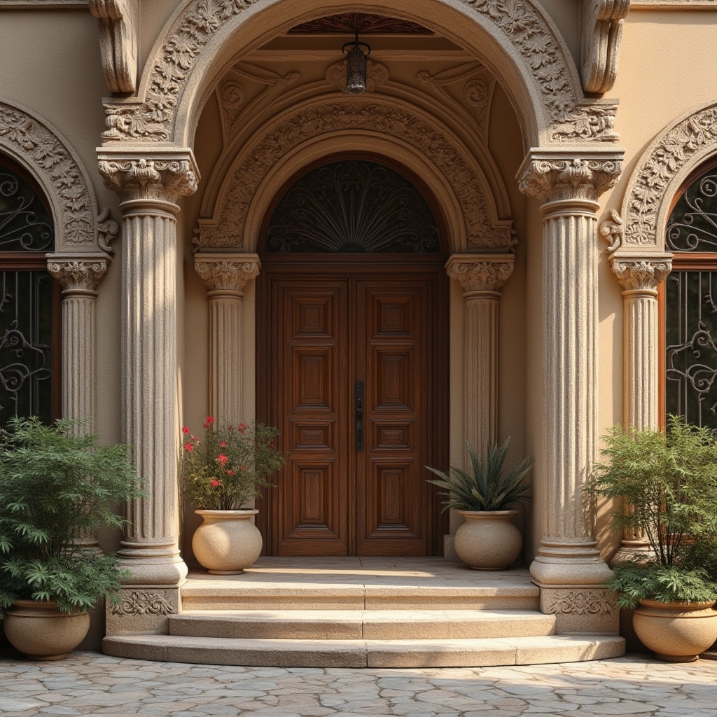 Prompt: Intricate stone carvings, ornate metalwork, grand entrance archways, symmetrical facades, elegant columns, subtle texture contrasts, earthy color palette, rustic charm, Mediterranean-inspired architecture, warm ambient lighting, soft focus effect, 1/2 composition, atmospheric perspective, realistic material textures.