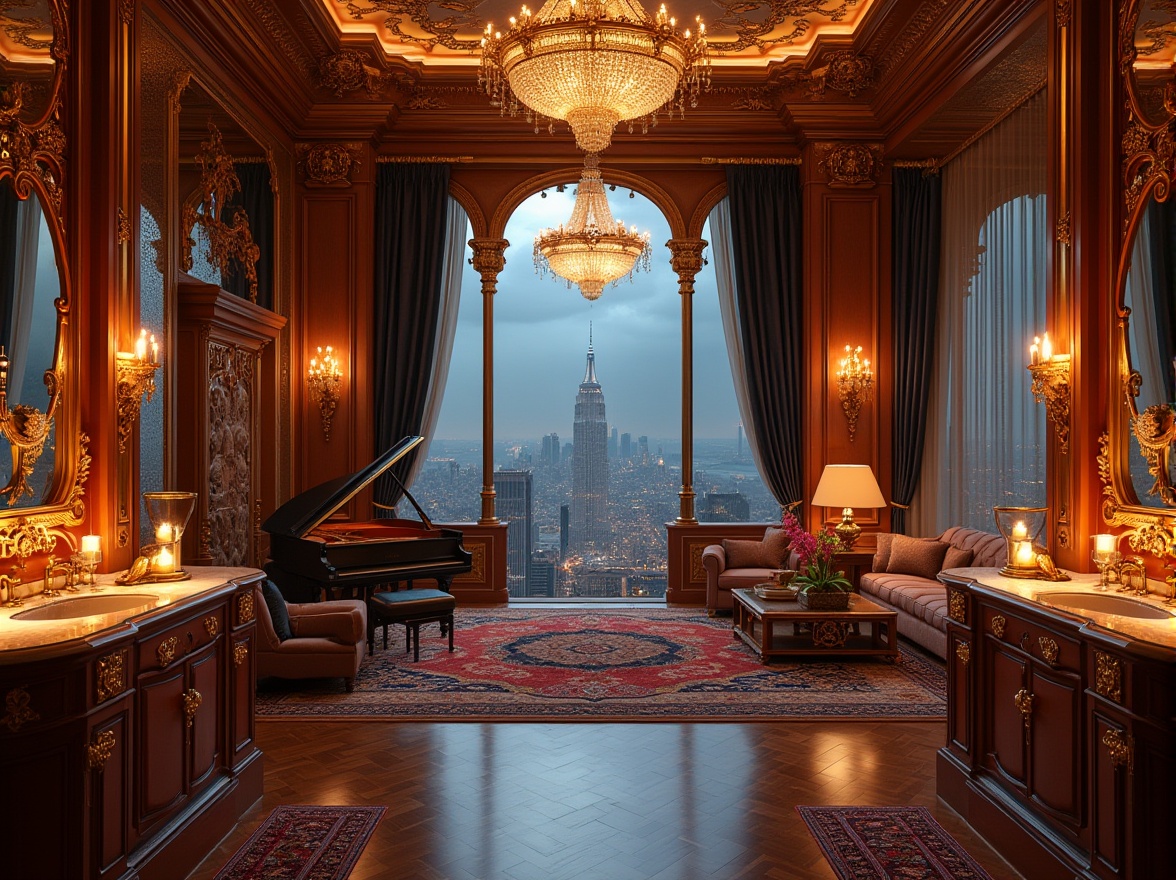 Prompt: Luxurious penthouse, opulent furnishings, intricate wood carvings, gilded mirrors, ornate chandeliers, lavish fabrics, velvet drapes, golden accents, marble countertops, crystal fixtures, grand piano, majestic cityscape views, warm candlelight, rich jewel-toned colors, sumptuous textures, high-contrast lighting, dramatic shadows, 1/2 composition, low-angle shot, cinematic atmosphere.