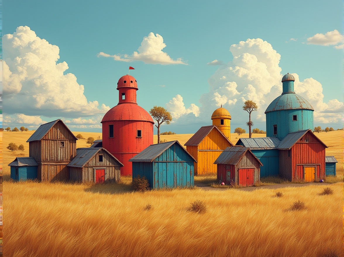 Prompt: Rustic rural landscape, rolling hills, vast open spaces, unique barn structures, expressionist forms, bold architectural shapes, abstract silhouettes, weathered wooden textures, corrugated metal cladding, asymmetrical compositions, vibrant colors, playful patterns, whimsical details, natural materials, earthy tones, dramatic lighting, low-angle shots, 1/1 composition, cinematic atmosphere, ambient occlusion.