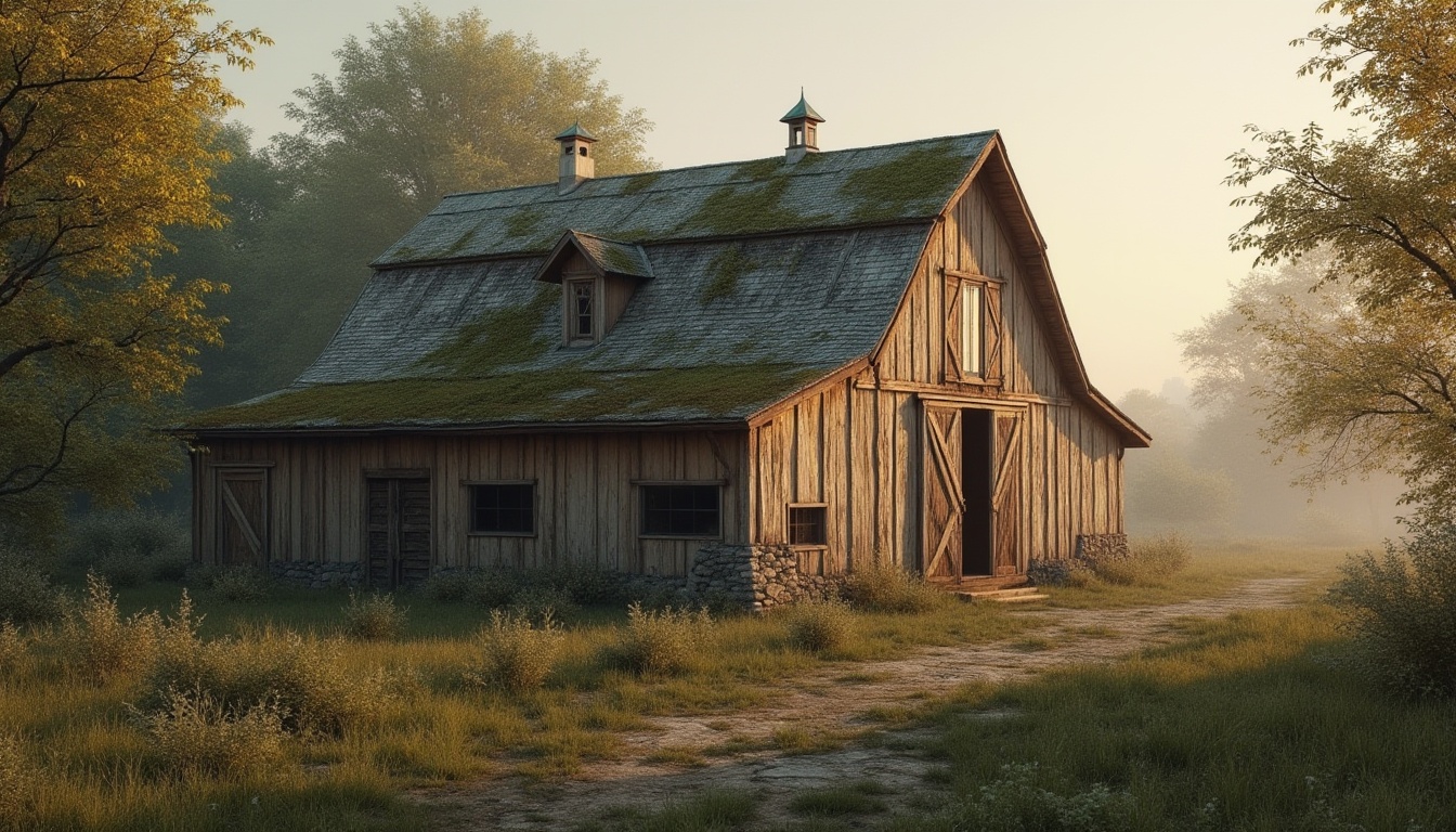 Prompt: Rustic barn, weathered wooden planks, earthy tones, moss-green roofs, vintage metal doors, distressed textures, warm beige walls, rich brown trims, soft golden lighting, subtle grain patterns, natural stone foundations, overgrown vegetation, serene countryside, misty morning, shallow depth of field, 1/1 composition, realistic renderings, ambient occlusion.